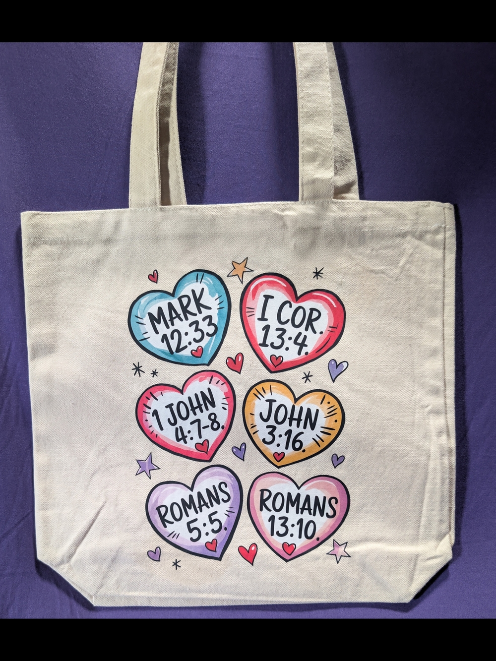 Heart Scripture Canvas Tote Bag - Cream with Pastel Hearts